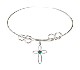 8 inch Round Double Loop Rhodium Bangle Bracelet with a Sterling Silver Loop Cross charm.