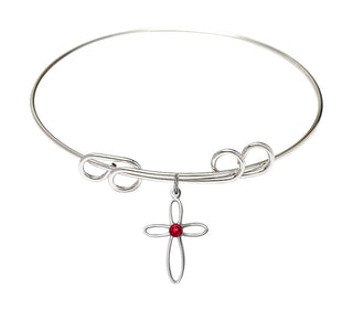 8 inch Round Double Loop Rhodium Bangle Bracelet with a Sterling Silver Loop Cross charm.