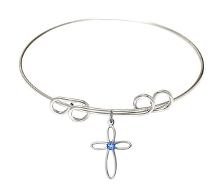 8 inch Round Double Loop Rhodium Bangle Bracelet with a Sterling Silver Loop Cross charm.