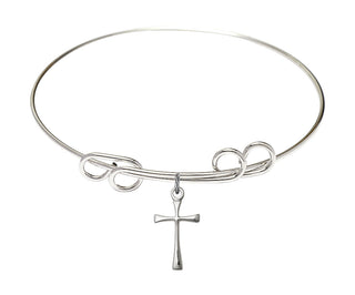 8 inch Round Double Loop Rhodium Bangle Bracelet with a Sterling Silver Maltese Cross charm.