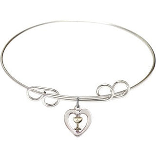 8 inch Round Double Loop Rhodium Bangle Bracelet with a Two-Tone SS/GF Heart / Chalice charm.