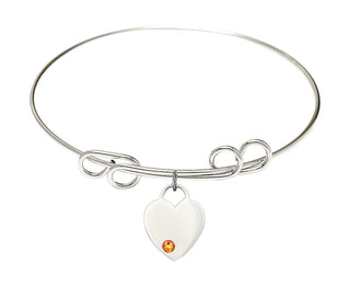 8 inch Round Double Loop Rhodium Bangle Bracelet with a Sterling Silver Heart charm. Engraved Catholic Saint Jewelry