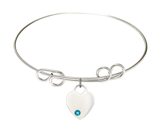 8 inch Round Double Loop Rhodium Bangle Bracelet with a Sterling Silver Heart charm. Engraved Catholic Saint Jewelry