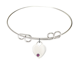 8 inch Round Double Loop Rhodium Bangle Bracelet with a Sterling Silver Heart charm. Engraved Catholic Saint Jewelry