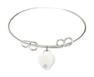 8 inch Round Double Loop Rhodium Bangle Bracelet with a Sterling Silver Heart charm. Engraved Catholic Saint Jewelry