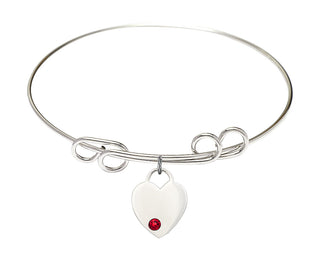 8 inch Round Double Loop Rhodium Bangle Bracelet with a Sterling Silver Heart charm. Engraved Catholic Saint Jewelry