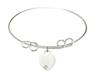 8 inch Round Double Loop Rhodium Bangle Bracelet with a Sterling Silver Heart charm. Engraved Catholic Saint Jewelry