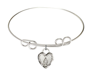 8 inch Round Double Loop Rhodium Bangle Bracelet with a Sterling Silver Miraculous Heart charm. Engraved Catholic Saint Jewelry