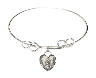 8 inch Round Double Loop Rhodium Bangle Bracelet with a Sterling Silver Our Lady of Guadalupe Heart charm.