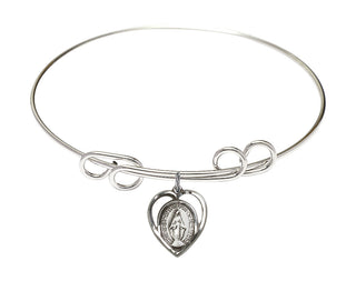 8 inch Round Double Loop Rhodium Bangle Bracelet with a Sterling Silver Miraculous charm.