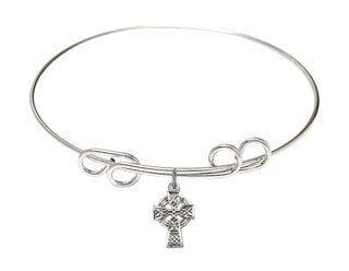 8 inch Round Double Loop Rhodium Bangle Bracelet with a Sterling Silver Celtic Cross charm.