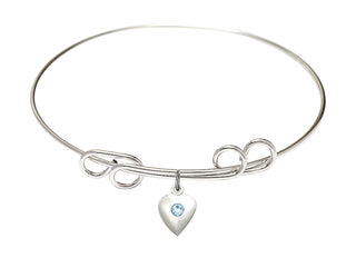 8 inch Round Double Loop Rhodium Bangle Bracelet with a Sterling Silver Heart charm.