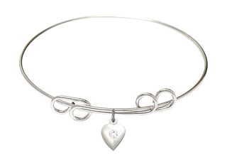 8 inch Round Double Loop Rhodium Bangle Bracelet with a Sterling Silver Heart charm.