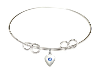8 inch Round Double Loop Rhodium Bangle Bracelet with a Sterling Silver Heart charm.