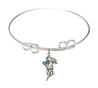 8 inch Round Double Loop Rhodium Bangle Bracelet with a Sterling Silver Guardian Angel charm.