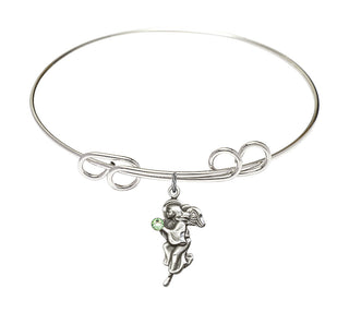 8 inch Round Double Loop Rhodium Bangle Bracelet with a Sterling Silver Guardian Angel charm.