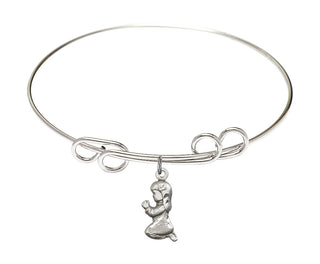8 inch Round Double Loop Rhodium Bangle Bracelet with a Sterling Silver Praying Girl charm.