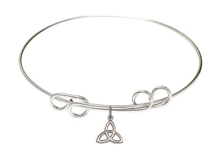 8 inch Round Double Loop Rhodium Bangle Bracelet with a Sterling Silver Trinity Irish Knot charm.