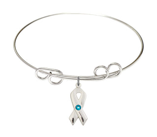 8 inch Round Double Loop Rhodium Bangle Bracelet with a Sterling Silver Cancer Awareness charm.