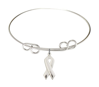 8 inch Round Double Loop Rhodium Bangle Bracelet with a Sterling Silver Cancer Awareness charm.