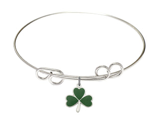 8 inch Round Double Loop Rhodium Bangle Bracelet with a Sterling Silver Shamrock charm.