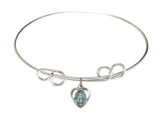 8 inch Round Double Loop Rhodium Bangle Bracelet with a Sterling Silver Miraculous Heart charm.
