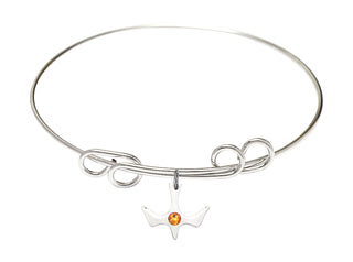 8 inch Round Double Loop Rhodium Bangle Bracelet with a Sterling Silver Holy Spirit charm.