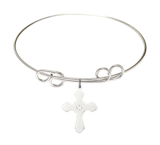 8 inch Round Double Loop Rhodium Bangle Bracelet with a Sterling Silver Cross charm.