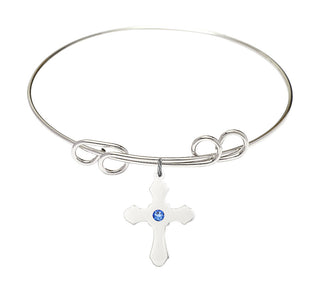 8 inch Round Double Loop Rhodium Bangle Bracelet with a Sterling Silver Cross charm.
