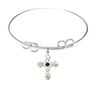 8 inch Round Double Loop Rhodium Bangle Bracelet with a Sterling Silver Cross charm. Engraved Catholic Saint Jewelry