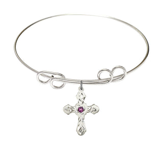 8 inch Round Double Loop Rhodium Bangle Bracelet with a Sterling Silver Cross charm. Engraved Catholic Saint Jewelry