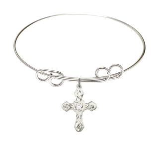 8 inch Round Double Loop Rhodium Bangle Bracelet with a Sterling Silver Cross charm. Engraved Catholic Saint Jewelry