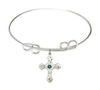 8 inch Round Double Loop Rhodium Bangle Bracelet with a Sterling Silver Cross charm. Engraved Catholic Saint Jewelry