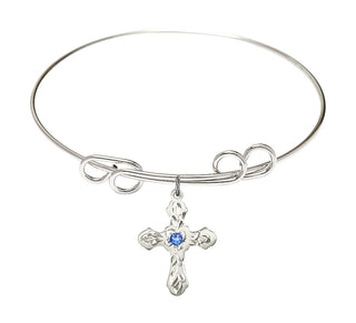 8 inch Round Double Loop Rhodium Bangle Bracelet with a Sterling Silver Cross charm. Engraved Catholic Saint Jewelry