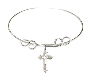 8 inch Round Double Loop Rhodium Bangle Bracelet with a Sterling Silver Cross on Cross charm. Engraved Catholic Saint Jewelry