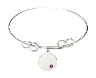 8 inch Round Double Loop Rhodium Bangle Bracelet with a Sterling Silver Plain Disc charm.