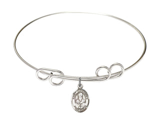 8 inch Round Double Loop Rhodium Bangle Bracelet with a Sterling Silver Saint Alexander Sauli charm. Engraved Catholic Saint Jewelry