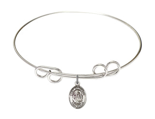 8 inch Round Double Loop Rhodium Bangle Bracelet with a Sterling Silver Saint Catherine of Siena charm. Engraved Catholic Saint Jewelry