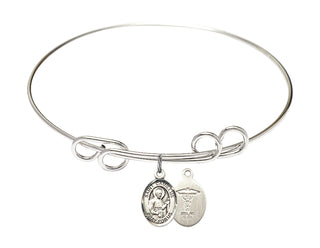 8 inch Round Double Loop Rhodium Bangle Bracelet with a Sterling Silver Saint Camillus of Lellis/Doctors charm.