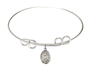 8 inch Round Double Loop Rhodium Bangle Bracelet with a Sterling Silver Saint Catherine Laboure charm. Engraved Catholic Saint Jewelry
