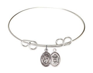 8 inch Round Double Loop Rhodium Bangle Bracelet with a Sterling Silver Saint Christopher / Army charm.