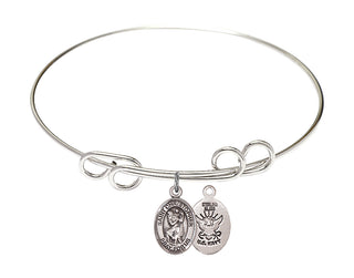 8 inch Round Double Loop Rhodium Bangle Bracelet with a Sterling Silver Saint Christopher / Navy charm.