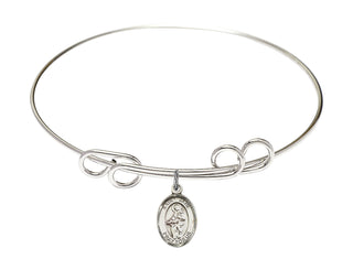 8 inch Round Double Loop Rhodium Bangle Bracelet with a Sterling Silver Saint Jane of Valois charm. Engraved Catholic Saint Jewelry