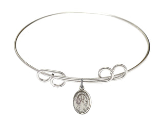 8 inch Round Double Loop Rhodium Bangle Bracelet with a Sterling Silver Saint Genevieve charm. Engraved Catholic Saint Jewelry