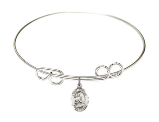8 inch Round Double Loop Rhodium Bangle Bracelet with a Sterling Silver Saint Gerard Majella charm. Engraved Catholic Saint Jewelry