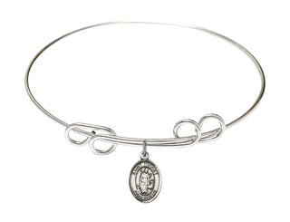 8 inch Round Double Loop Rhodium Bangle Bracelet with a Sterling Silver Saint Hubert of Liege charm. Engraved Catholic Saint Jewelry