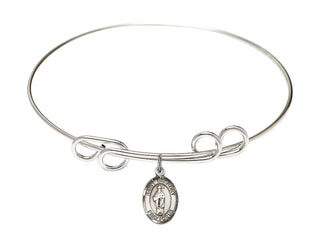 8 inch Round Double Loop Rhodium Bangle Bracelet with a Sterling Silver Saint Gregory the Great charm. Engraved Catholic Saint Jewelry