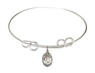 8 inch Round Double Loop Rhodium Bangle Bracelet with a Sterling Silver Saint John the Baptist charm. Engraved Catholic Saint Jewelry