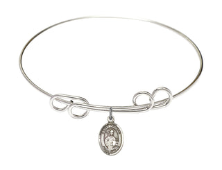 8 inch Round Double Loop Rhodium Bangle Bracelet with a Sterling Silver Saint Kilian charm. Engraved Catholic Saint Jewelry