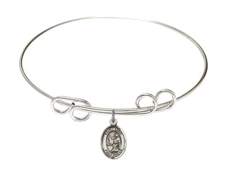 8 inch Round Double Loop Rhodium Bangle Bracelet with a Sterling Silver Saint Luke the Apostle charm. Engraved Catholic Saint Jewelry